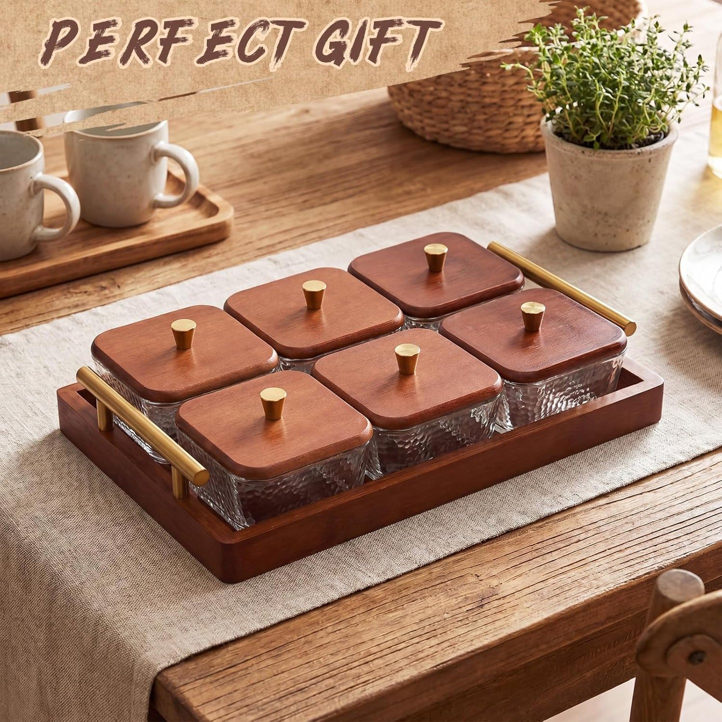 Domensi 6 Glass Snackle Box with Wood Tray and Lids Dry Fruit Container Jars Divided Serving Snack Tray with Gold Handles, Snackle Box Container Platter for Candy, Condiments Home Entertaining