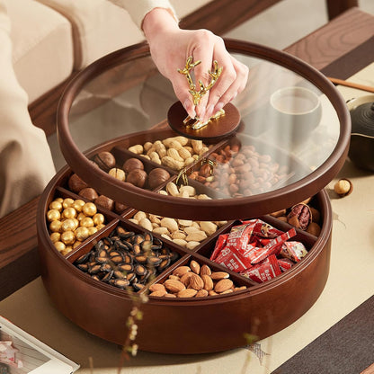 12" Wooden Serving Tray with Lid, 360° Rotating Snack Try, 9 Compartments, Platter Organizer for Snacks, Candy, Nuts, Chips, Tray for Party, Family Dinner for Mom