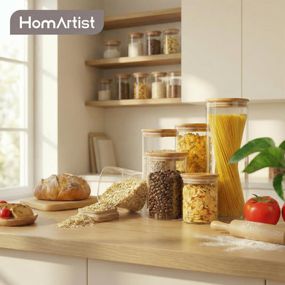 32oz - 4 Pack Glass Jars with Bamboo Lids, Glass Pantry Storage Containers with Airtight Lids, Round Air Tigh Food Storage Canisters for Cereal, Pasta, Flour, Sugar, Rice, Best for Kitchen Organizer
