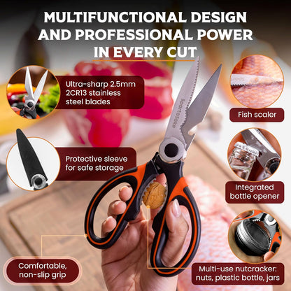 SpartaSake Premium Stainless Steel All Purpose Kitchen Shears with Sleeve - Heavy Duty Ultra Sharp kitchen Scissors for Food - Multipurpose Food Scissors for Meat Poultry Vegetable (Black-White)