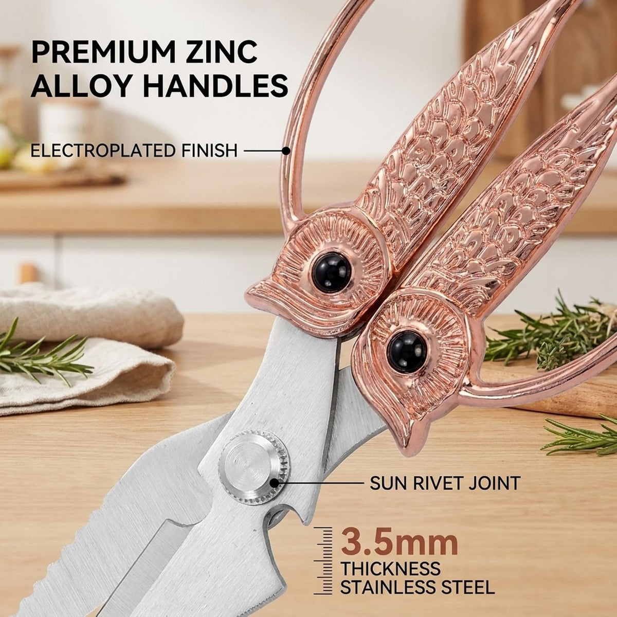 XSNBRD All Purpose Kitchen Scissors, Pearl Gold Stainless Owl Shears.