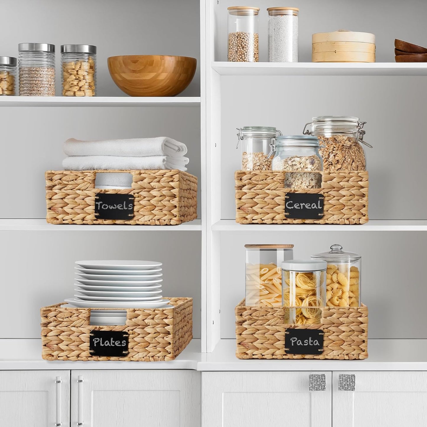 Casafield Set of 4 Water Hyacinth Pantry Baskets, 10" x 13" x 5", with Chalkboard Labels and Chalk Marker - Natural, Woven Storage Bin Organizers for Kitchen Shelves