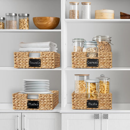 Casafield Set of 4 Water Hyacinth Pantry Baskets, 10" x 13" x 5", with Chalkboard Labels and Chalk Marker - Natural, Woven Storage Bin Organizers for Kitchen Shelves