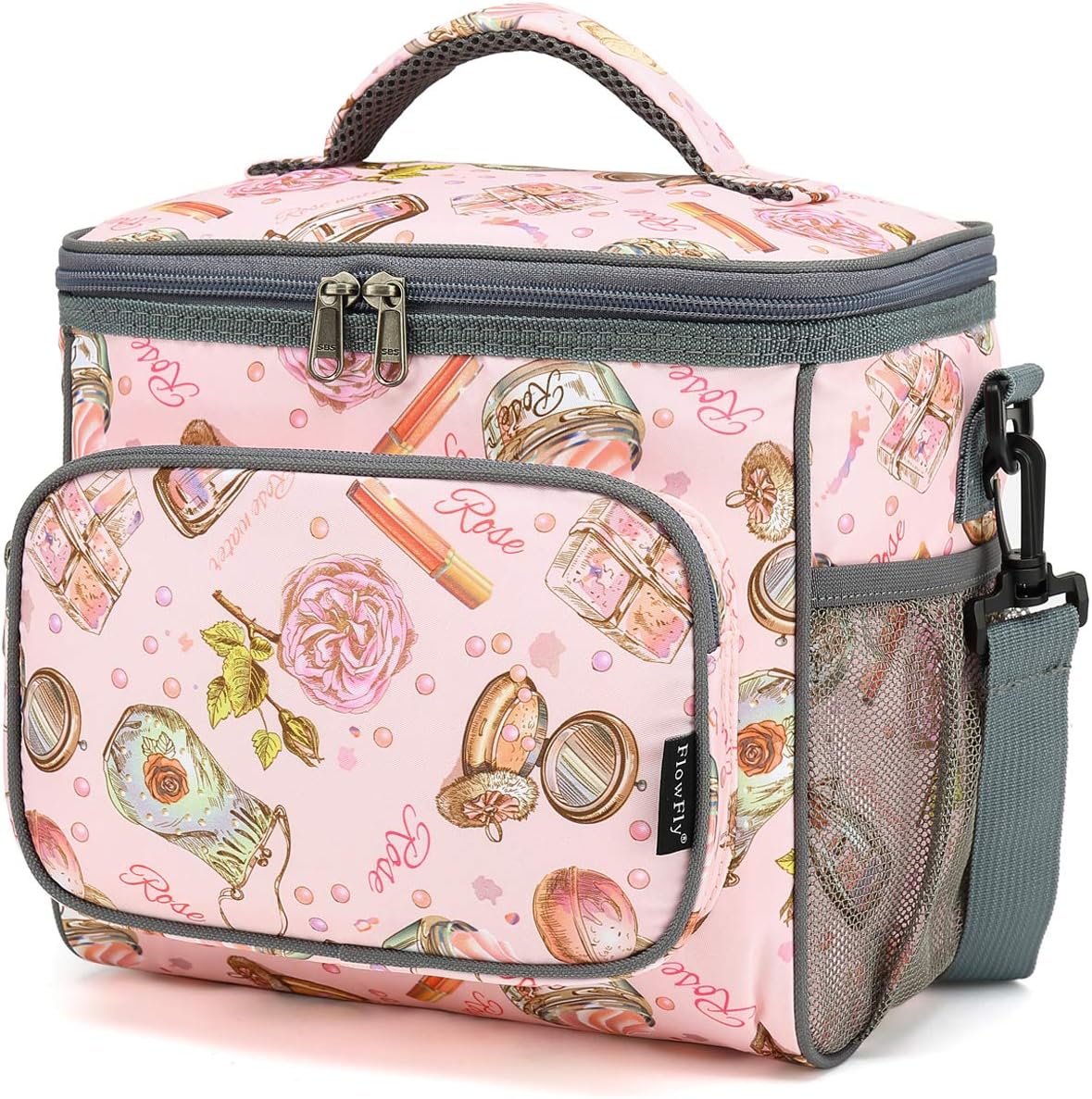 FlowFly Insulated Reusable Lunch Bag Adult Large Lunch Box for Women and Men with Adjustable Shoulder Strap,Front Zipper Pocket and Dual Large Mesh Side Pockets,Cherry - Colors B