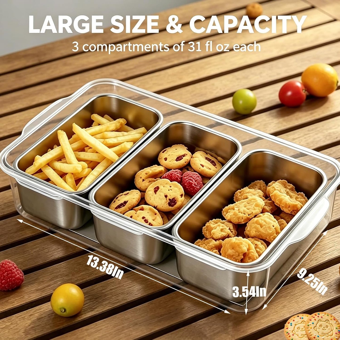 Snackle Box Container, Stainless Steel Divided Serving Tray with Lid and Handle, Large Snack Tray for Fruit Veggie Candy, 8-Compartment Snack Platter for Travel Party Beach Picnic