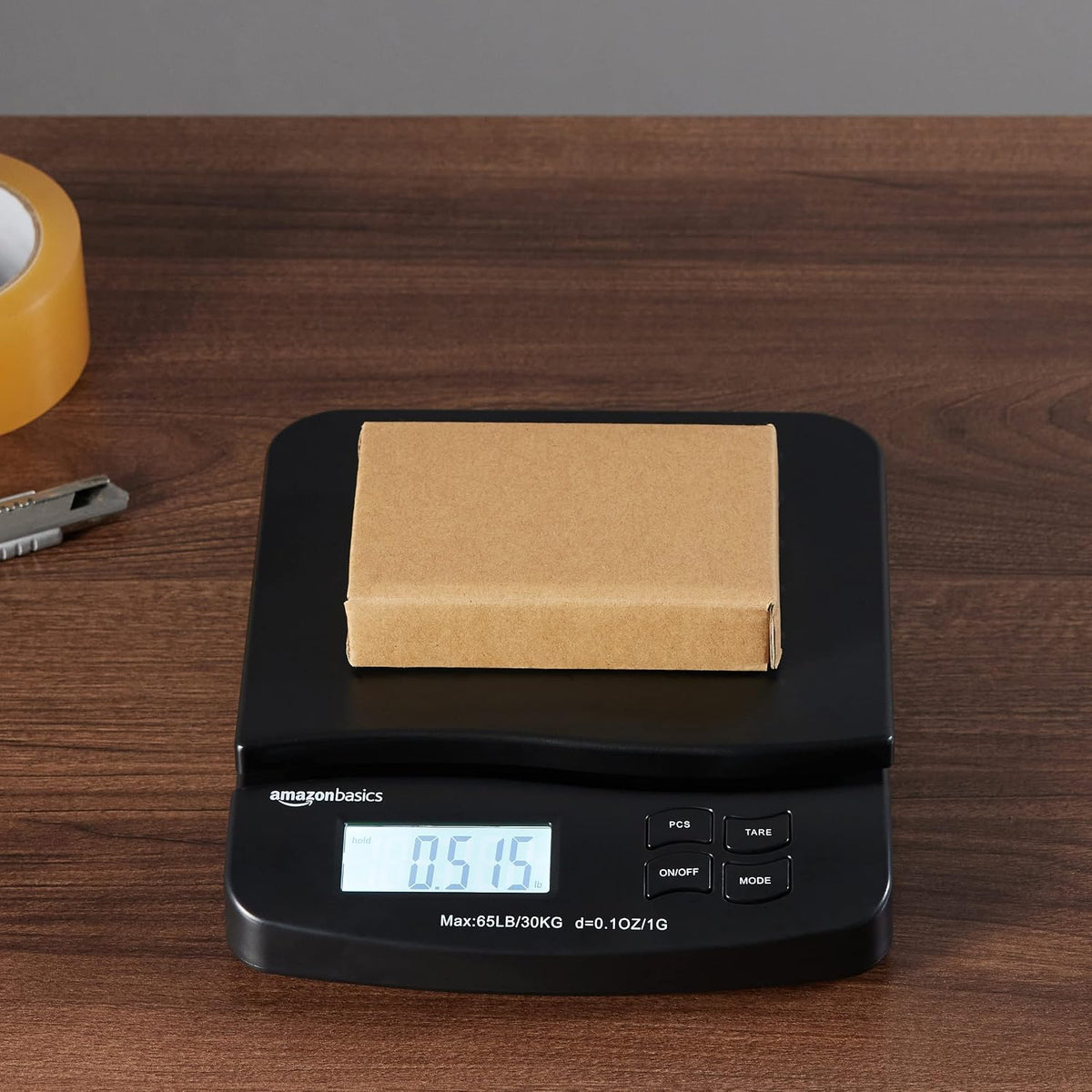 Amazon Basics Digital Postal Shipping Scale with Tare Function, AC Adapter, 65 lb Capacity, 0.1 oz Readability, LCD Display, Black