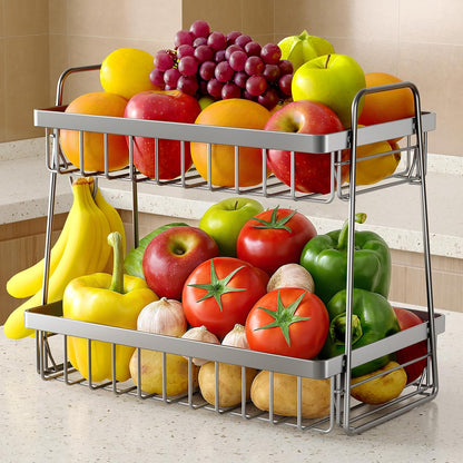 Sakugi Fruit Basket for Kitchen Counter - 2-Tier Fruit Bowl with Removable Banana Hanger & Handles, Rustproof Fruit Holder for Kitchen, Living Room, Bathroom, 13.4"×8.7"×11.7", Black