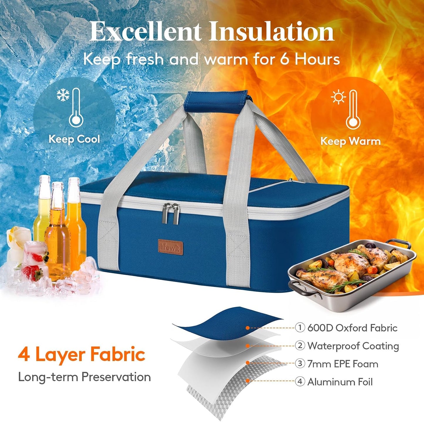 Lifewit Insulated Double Decker Casserole Carrier for Hot or Cold Food, Casserole Dish Carrying Case, Lasagna Holder for Potluck Parties, Picnic and Cookouts, Fits 9"x13" Baking Dish, Grey