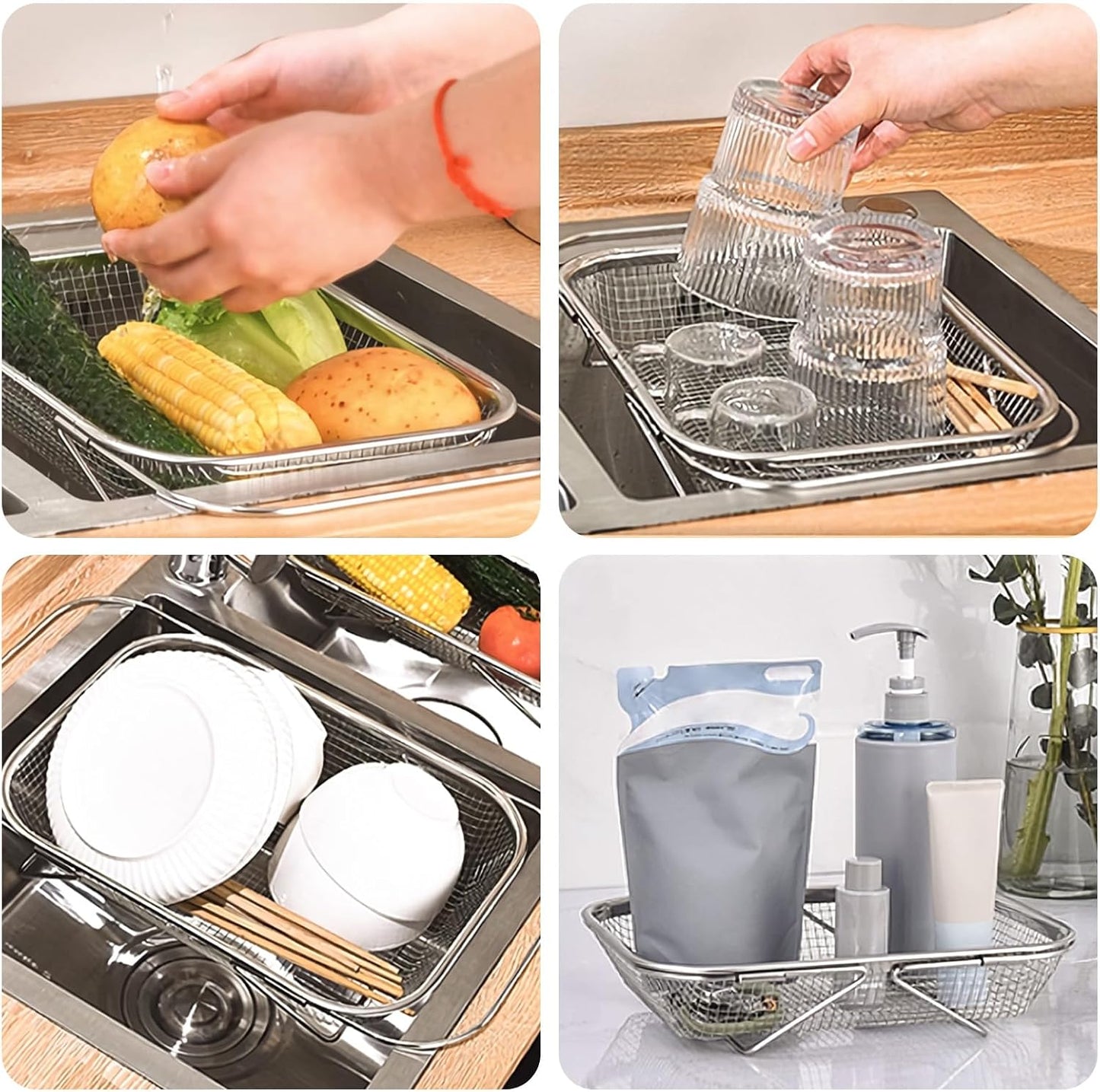 upgrade over the sink mesh colander expandable strainer stainless steel vegetable basket for kitchen sink (40 * 13 * 6.5cm)