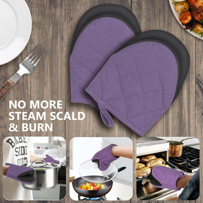 1 Pair Short Oven Mitts - Silicone Kitchen Oven Gloves High Heat Resistant 500℉, Mini Oven Mits with Non-Slip Grip Surfaces and Hanging Loop for BBQ, Baking, Cooking and Grilling (Black)