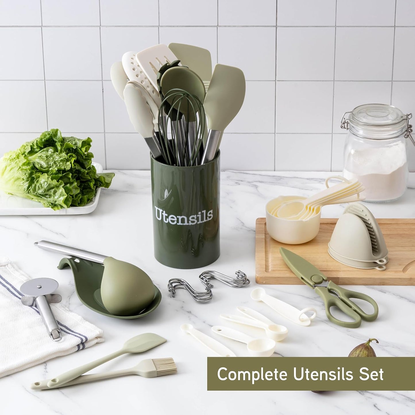 COOK WITH COLOR Silicone Cooking Utensils, Kitchen Utensil Set, Easy to Clean Silicone Kitchen Utensils, Cooking Utensils for Nonstick Cookware, Kitchen Gadgets Set, 38 Piece, Mint