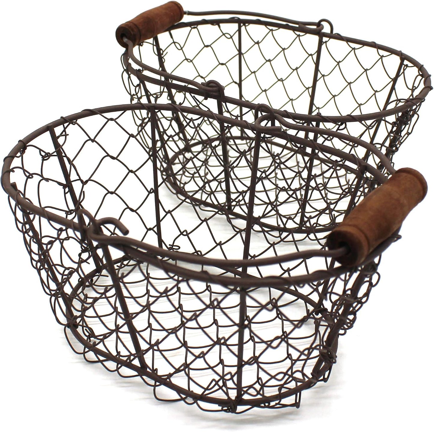 CVHOMEDECO. Metal Wire Small Egg Baskets Rust Fruit Baskets with Wooden Handle Country Vintage Style Storage Baskets. Set of 2