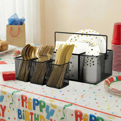 Neudeco Utensil Holder Set of 3, Black | Silverware Caddy, Portable Cutlery Storage & Paper Plate Organizer, Metal Mesh, Adjustable Dividers
