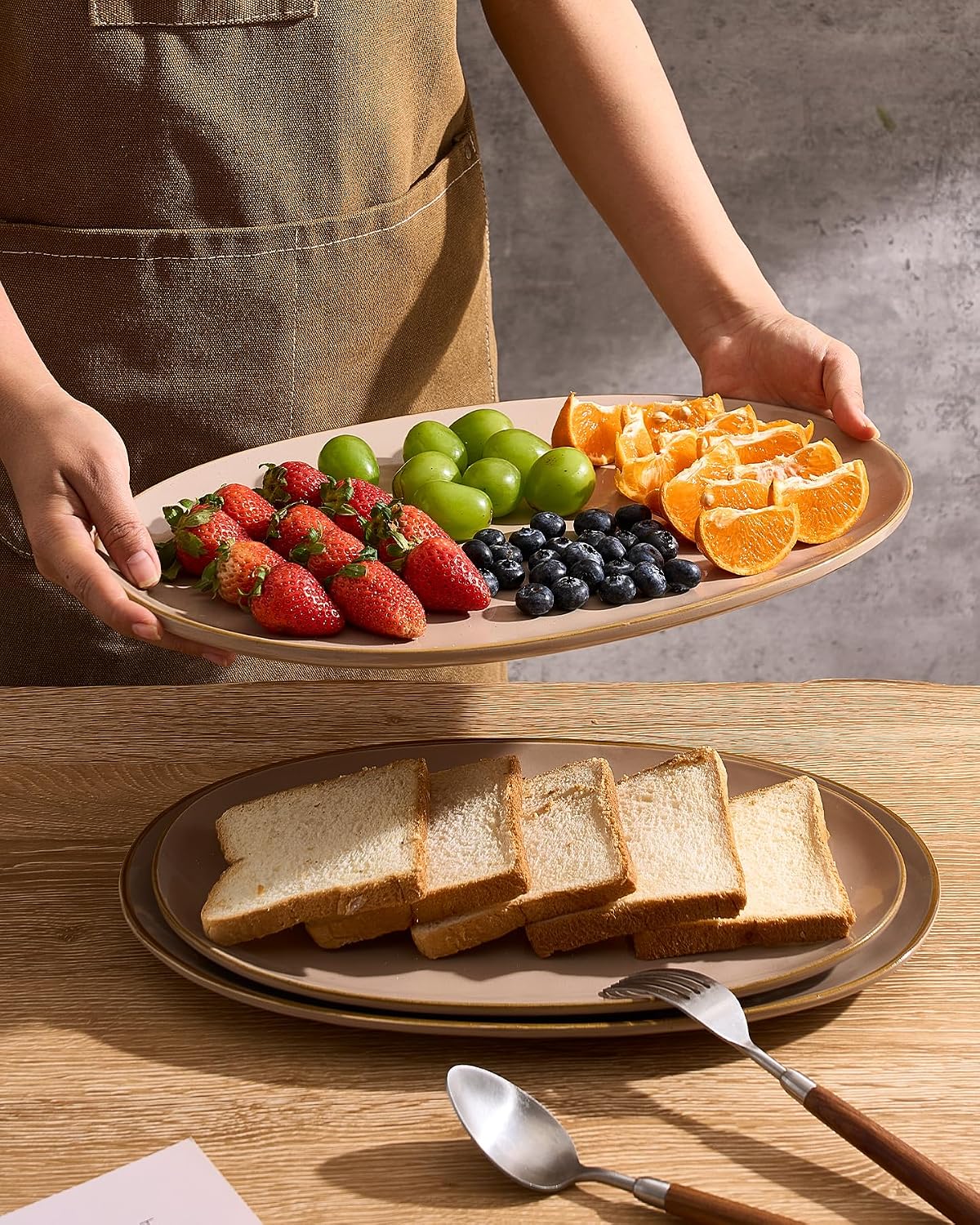 famiware Serving Platter, Oval 15.59/14.3/12.9inch Serving Dishes for Entertaining, Serving Bowls, Microwave Safe, Stoneware Serving Trays for Party, Food, Turkey, Cheese, Ocean Series, Vanilla White