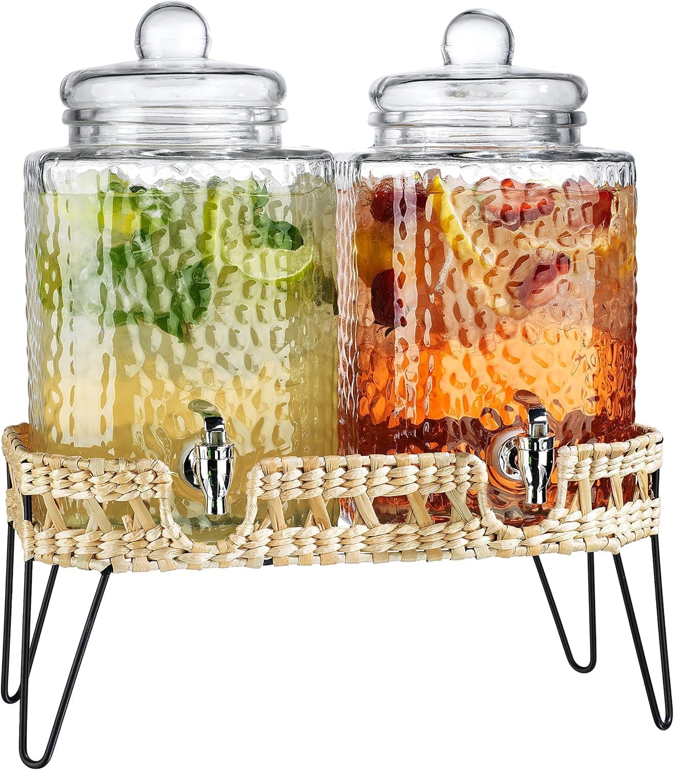 3 Gallon Glass Drink Dispenser with Metal Stand & Lid – Hammered Beverage Dispenser with Leakproof Spigot, Wide Mouth for Easy Fill – Ideal for Parties, Lemonade, Iced Tea, Sangria & More