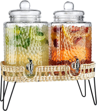 3 Gallon Glass Drink Dispenser with Metal Stand & Lid – Hammered Beverage Dispenser with Leakproof Spigot, Wide Mouth for Easy Fill – Ideal for Parties, Lemonade, Iced Tea, Sangria & More