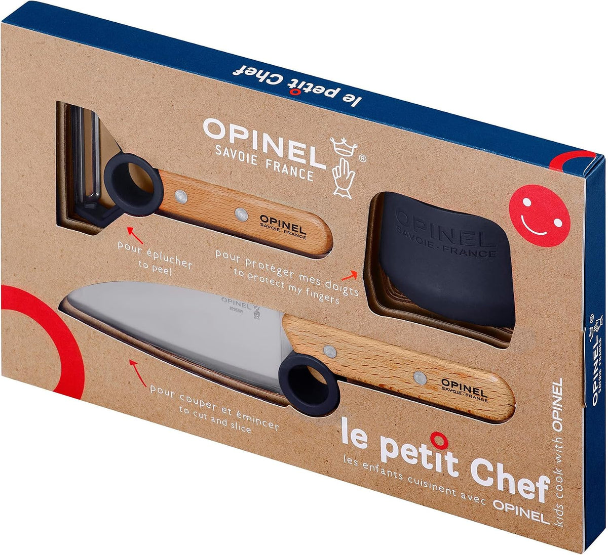 Opinel Le Petit Chef Complete 3 Piece Kitchen Set, Chef Knife with Rounded Tip, Fingers Guard, Peeler, For Children and Teaching Food Prep and Kitchen Safety, Made in France