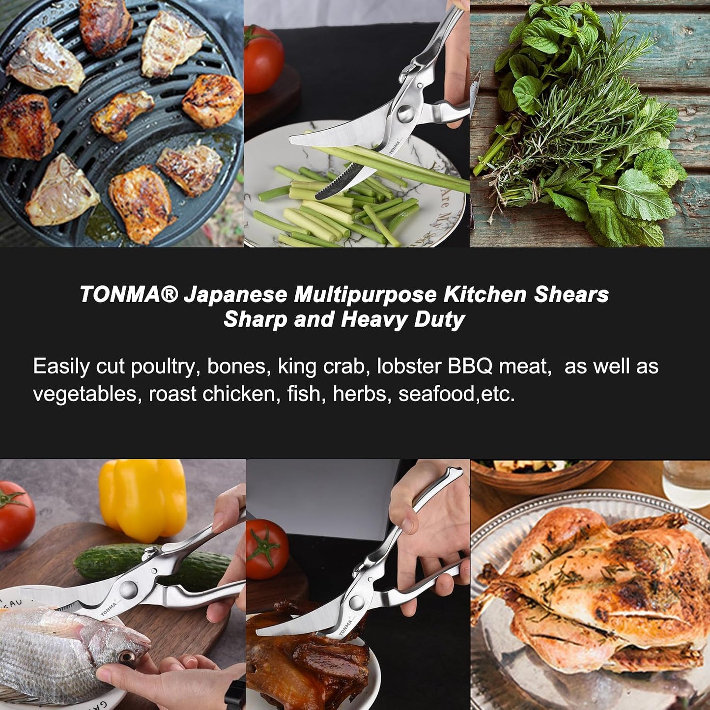 TONMA Kitchen Scissors All Purpose [Made in Japan] Full Metal Stainless Steel Japanese Kitchen Shears Heavy Duty with Micro Serrated, Cooking Scissors for Food Ergonomic Dishwasher Safe