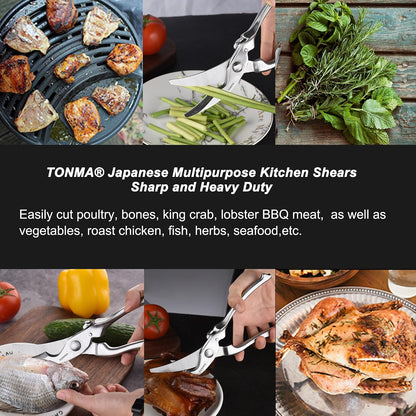 TONMA Kitchen Scissors All Purpose [Made in Japan] Full Metal Stainless Steel Japanese Kitchen Shears Heavy Duty with Micro Serrated, Cooking Scissors for Food Ergonomic Dishwasher Safe