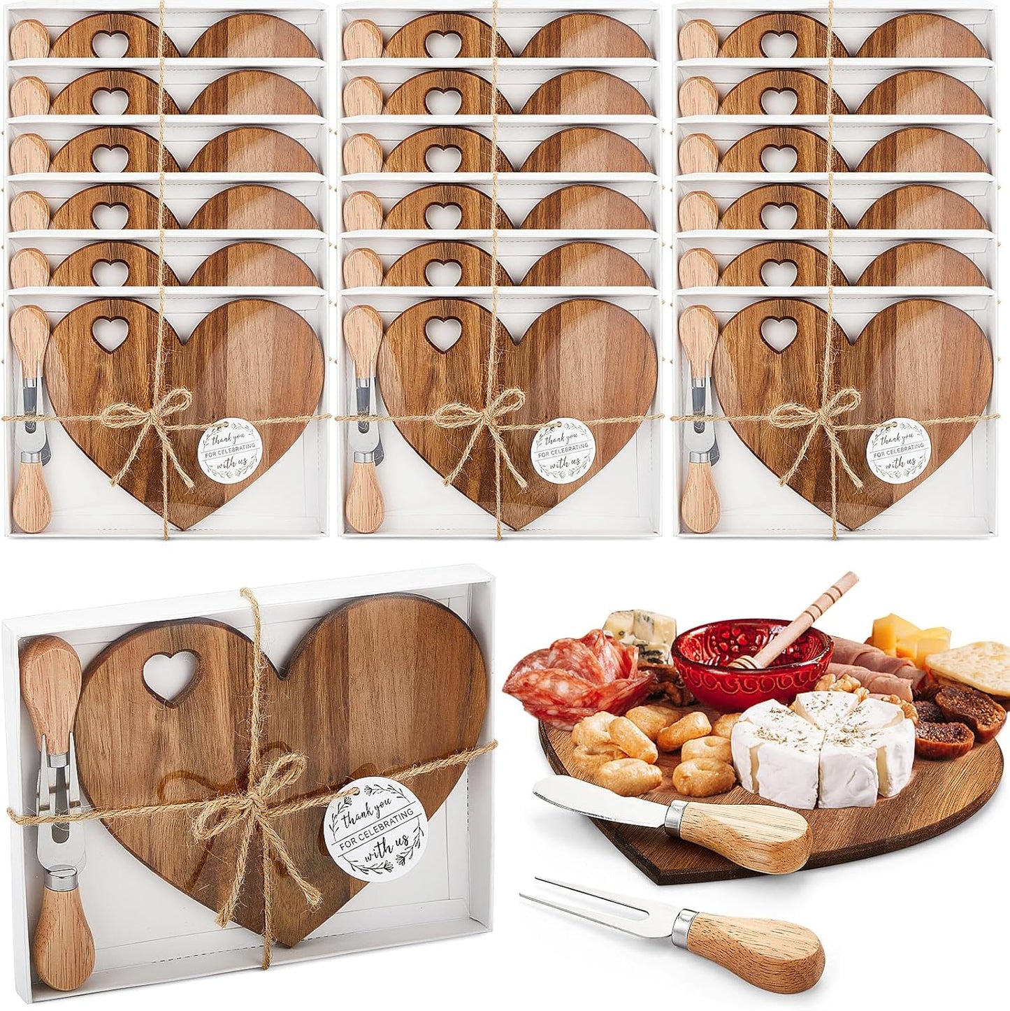 Patelai 24 Set Bridal Baby Shower Favor Heart Cheese Board with Knife, Wood Mini Charcuterie Board Thank You Gift Box for Guest Bridal Baby Shower Prize Wedding Valentines Birthday (Bamboo Color)