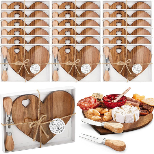 Patelai 24 Set Bridal Baby Shower Favor Heart Cheese Board with Knife, Wood Mini Charcuterie Board Thank You Gift Box for Guest Bridal Baby Shower Prize Wedding Valentines Birthday (Bamboo Color)