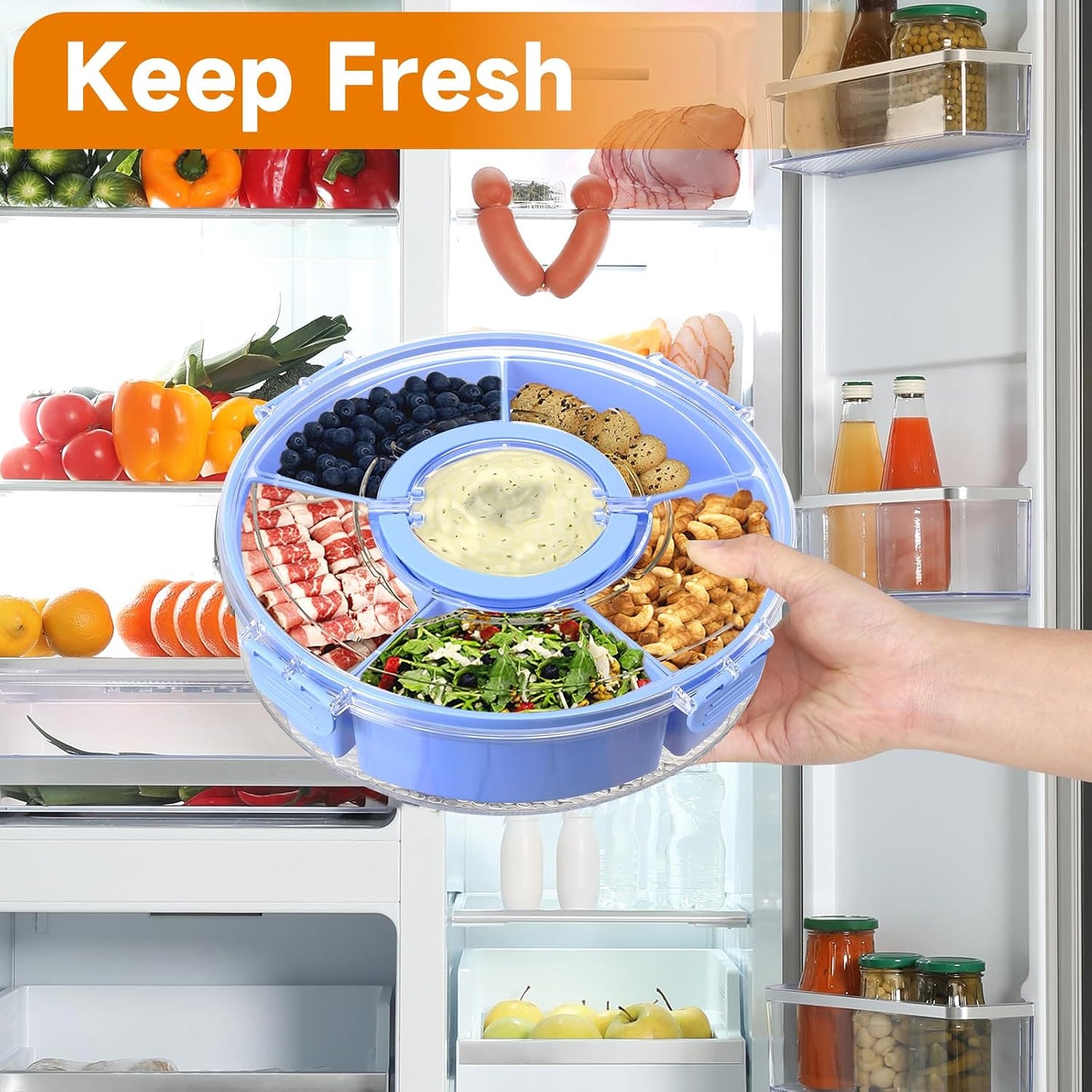 Dishwasher Safety -Divided Rotating Serving Tray with Lid and Handle,Portable Snackle Box for Fruits Snacks Charcuterie,Clear Organizer and Fridge Storage Container,Veggie Platters for Adults Child