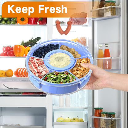 Dishwasher Safety -Divided Rotating Serving Tray with Lid and Handle,Portable Snackle Box for Fruits Snacks Charcuterie,Clear Organizer and Fridge Storage Container,Veggie Platters for Adults Child