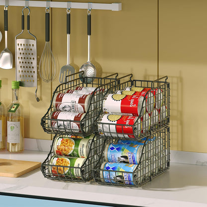 Sonyabecca 4-Pack Stackable Canned Food Organizer with Handles, Soda Can Organizer for Kitchen Pantry Shelves, Foldable Wire Cabinet Shelf for Can Storage, Patent Pending, Black