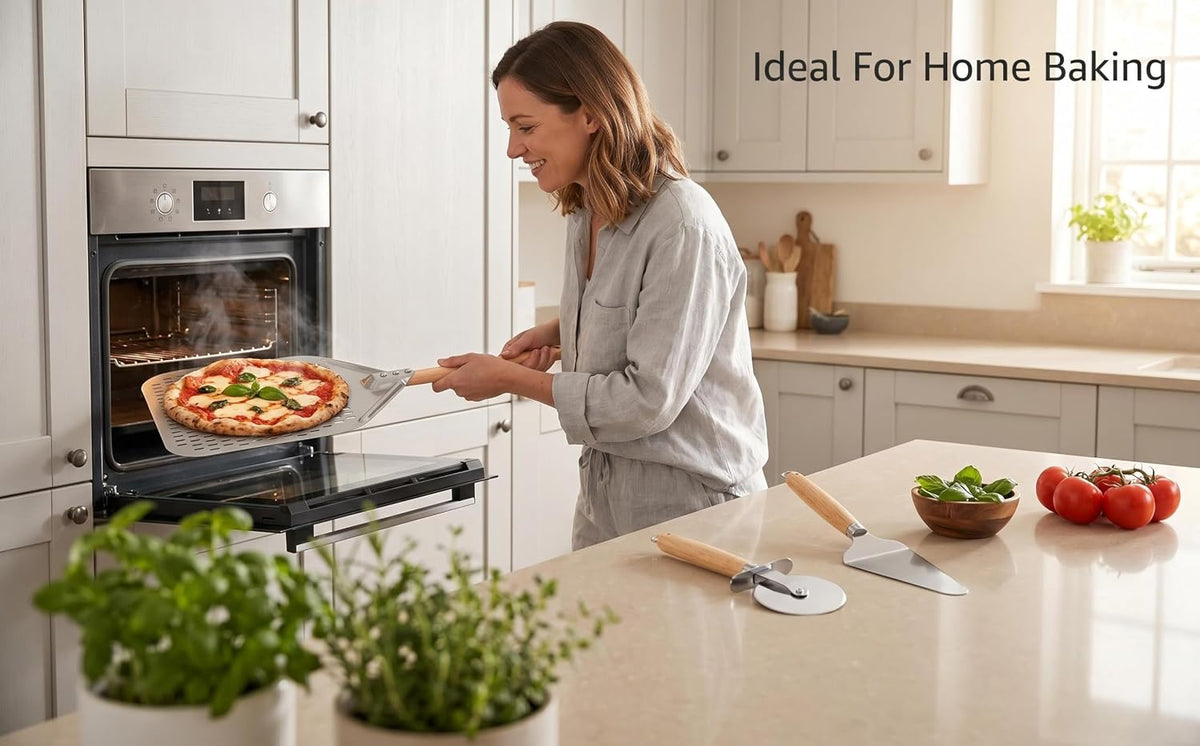 Perforated Pizza Peel Set, 12 x 14 Inch Stainless Steel Paddle with Detachable Wood Handle, Includes Peel, Cutter and Turner, 3 Piece