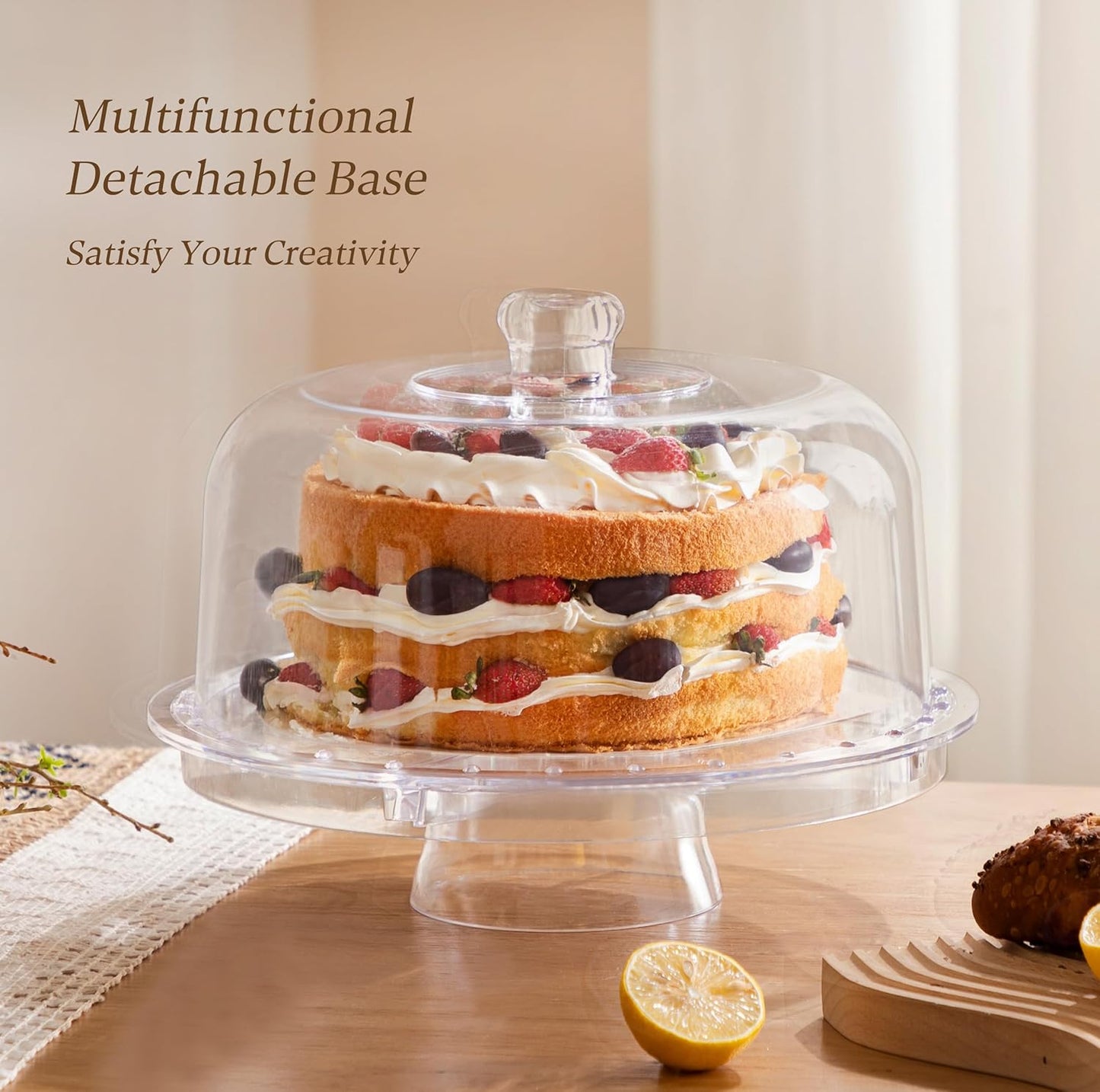 HBlife Cake Stand with Lid (11.4"), Multifunctional Cake Stand with Acrylic Dome, Acacia Wood 6-in-1 Cake Plate Display Stand with Cover for Baking Gifts, Birthday Kitchen Parties, Weddings