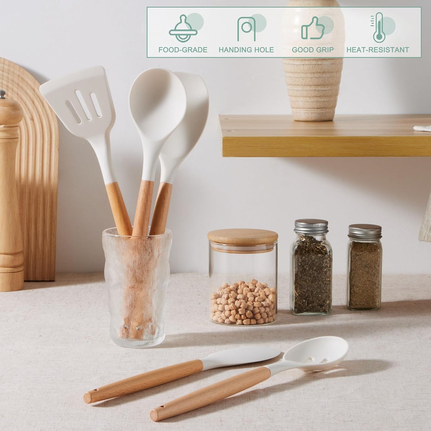 E-far Silicone Cooking Utensils Set, 5-Piece Kitchen Utensils Set with Wooden Handle for Cooking, Silicone Kitchen Nonstick Tools Spatula Turner Slotted Spoons, Nontoxic & Heat Resistant-Khaki