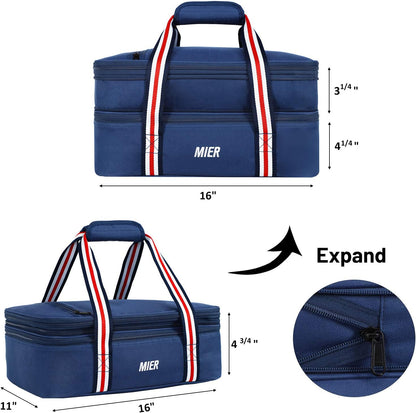 MIER Insulated Double Casserole Carrier Bag for Lasagna Lugger, Potluck Parties, Picnic, Beach, Fits 9 x 13 Inches Baking Dish, Casserole Dish, Expandable, Dark Blue