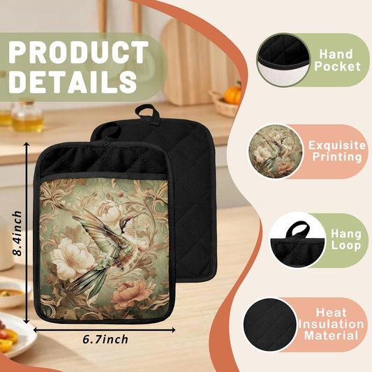 Floral Hummingbird Pot Holders for Kitchen Set of 2