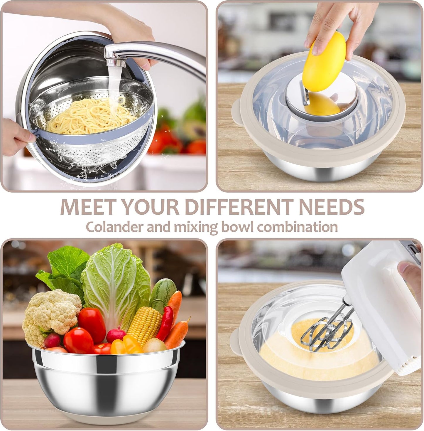 E-far Colander with Mixing Bowl Set, 4-1 Stainless Steel Colander Strainers Bowl with Graters for Kitchen, Rotatable Food Strainer Bowl for Rinsing Fruits Vegetables/Draining Pasta - Black