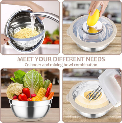 E-far Colander with Mixing Bowl Set, 4-1 Stainless Steel Colander Strainers Bowl with Graters for Kitchen, Rotatable Food Strainer Bowl for Rinsing Fruits Vegetables/Draining Pasta - Black