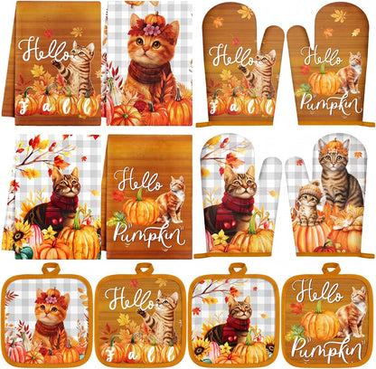 SiliFine 12 Pcs Fall Pumpkin Kitchen Towels Oven Mitts Pot Holders Set