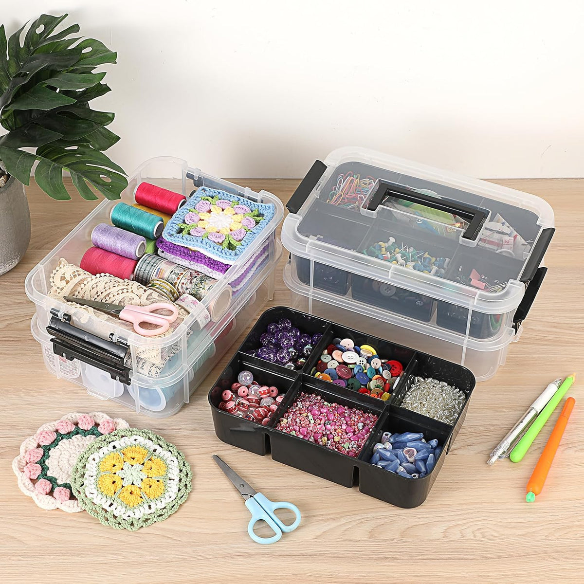 JUXYES 4-Tiers Plastic Stack Carry Storage Containers Box wih Handle Lids | Clear Stackable Latching Storage Bin With 2 Tray for School Office, Organizing Sewing, Art Craft, DIY Supplies, Blue