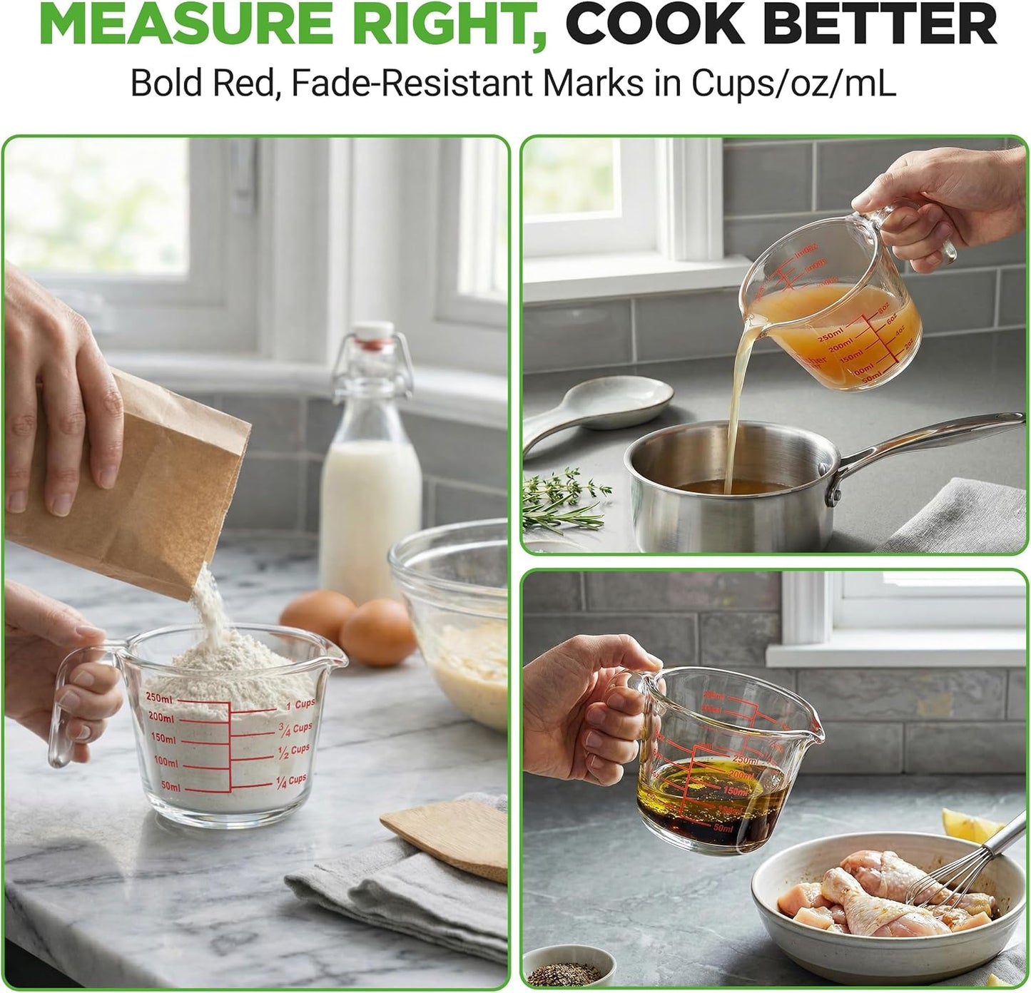 NutriChef 1,2 and 4 Cups Glass Measuring Cup Set with Lids (8, 17 and 34 oz) - Heat-Resistant Borosilicate Liquid Measure Cups with Easy-Read Scale for Cooking, Baking & Food Storage, Dishwasher Safe