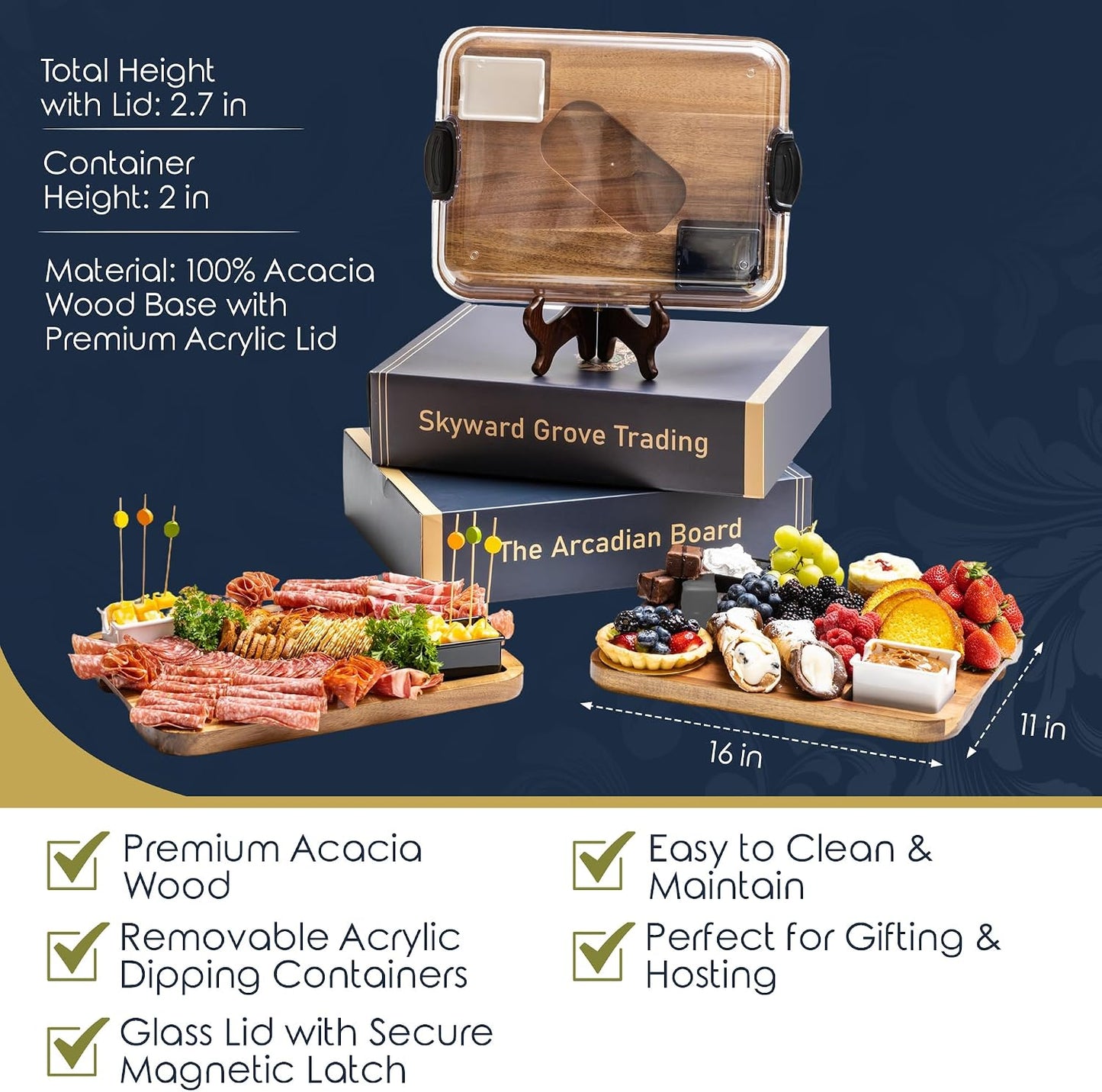 Covered Charcuterie Board with Locking Acrylic Lid, 15" x 11" Acacia Wood Serving Tray, 2 Dipping Containers, Gift Box Included
