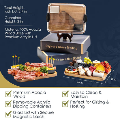 Covered Charcuterie Board with Locking Acrylic Lid, 15" x 11" Acacia Wood Serving Tray, 2 Dipping Containers, Gift Box Included
