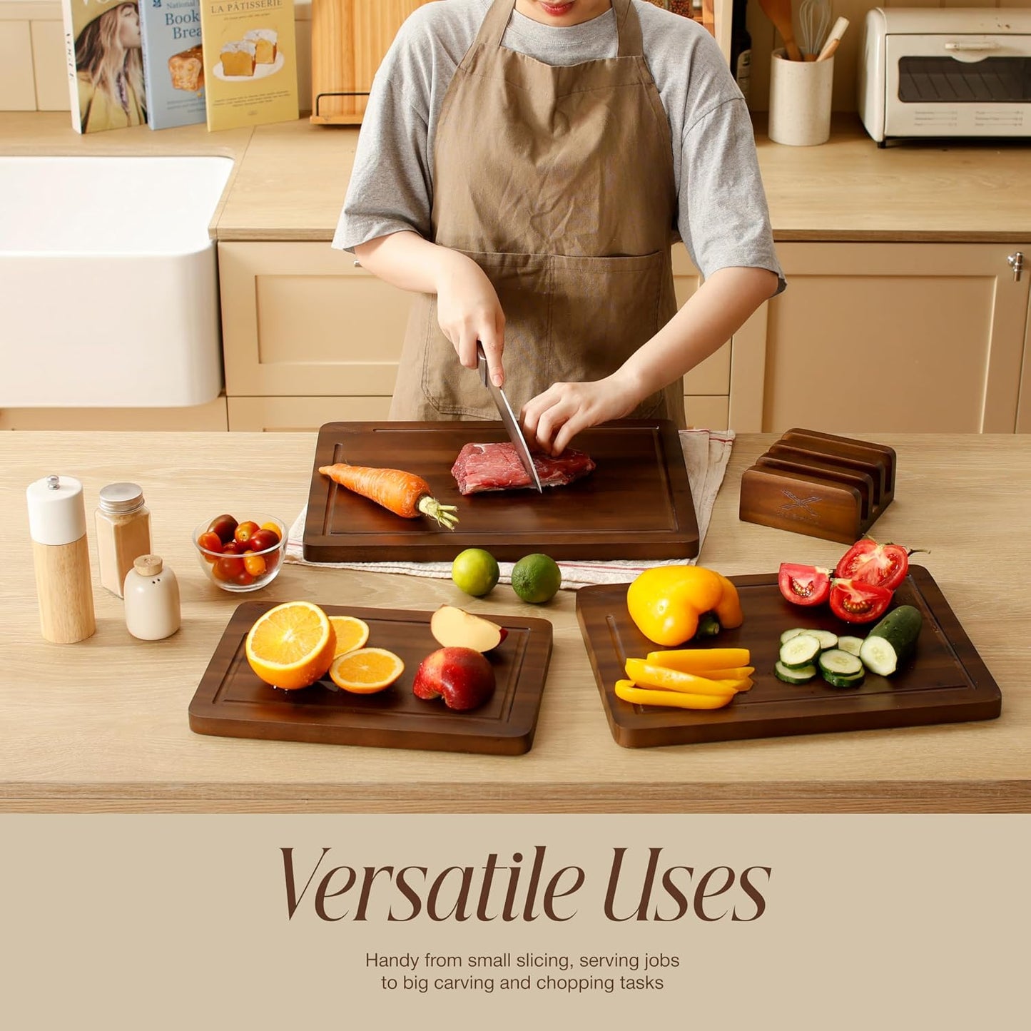 Acacia Wood Cutting Board Set of 3 with Stand - Thick Wooden Chopping Boards with Deep Juice Grooves - Non-Slip & Durable Wooden Boards for Meat & Vegetables (16x12, 14x10, 12x8) - Natural