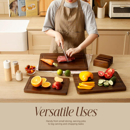 Acacia Wood Cutting Board Set of 3 with Stand - Thick Wooden Chopping Boards with Deep Juice Grooves - Non-Slip & Durable Wooden Boards for Meat & Vegetables (16x12, 14x10, 12x8) - Natural