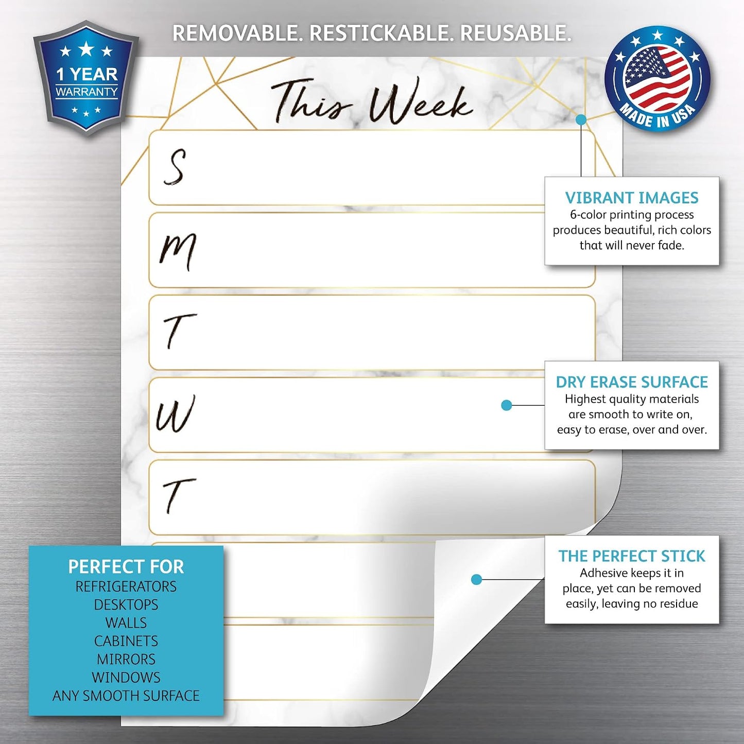 Dry Erase Weekly Calendar Planner Sticker Decal | Removable & Reusable | Magnetic Fine-Tip Marker Included (6 x 9 inches, White)