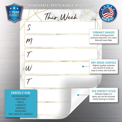 Dry Erase Weekly Calendar Planner Sticker Decal | Removable & Reusable | Magnetic Fine-Tip Marker Included (6 x 9 inches, White)