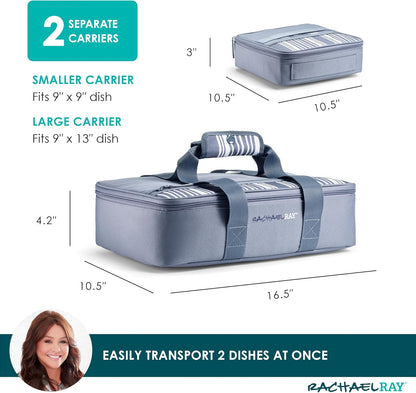 Rachael Ray Lugger Duo, Insulated Casserole Carrier for Hot or Cold Food, Thermal Lasanga Lugger Tote for Pockluck, Parties, Picnic, and Cookouts, Fits 9" x 13" Baking Dish, Sea Salt Grey