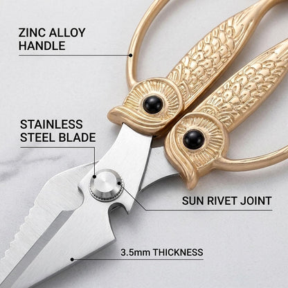 XSNBRD All Purpose Kitchen Scissors, Pearl Gold Stainless Owl Shears.