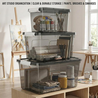 Plastic Storage Bins with Lids, 2 Pack Mixed Sizes (7 Qt, 16 Qt) Clear Black with Lid Stackable Organizer Boxes with Latches for Closet, Pantry, Bathroom, Office