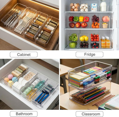 Hudgan 4 Packs Refrigerator Organizers and Storage, 4 Small Stackable Clear Plastic Bins for Pantry Organizer, Home Edit, Kitchen Cabinet, Fridge, Bathroom, Office, Drawer