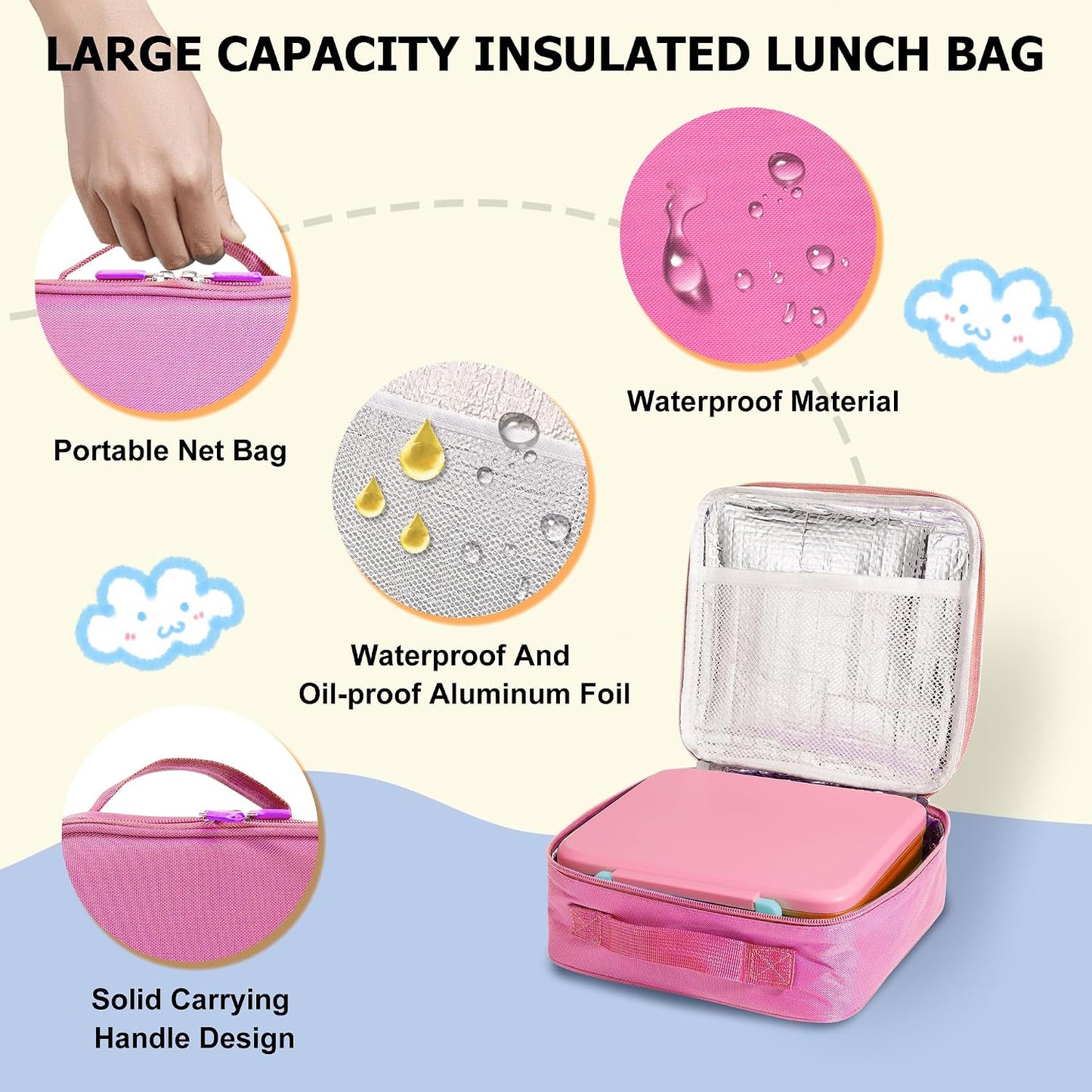 Bento Lunch Box for Kids with Thermo, Leakproof Bento Box with 8oz Insulated Food Jar, Insulated Bottle, Lunch Bag, BPA Free Dishwasher Safe 4 Compartment Container for School Girls Boys (Pink)