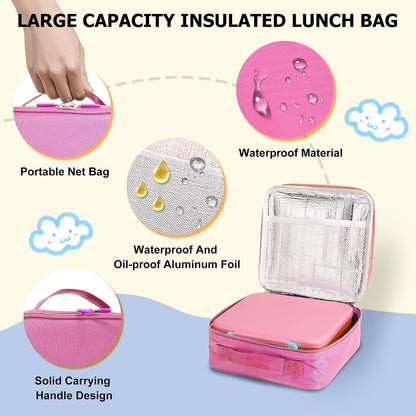 Bento Lunch Box for Kids with Thermo, Leakproof Bento Box with 8oz Insulated Food Jar, Insulated Bottle, Lunch Bag, BPA Free Dishwasher Safe 4 Compartment Container for School Girls Boys (Pink)